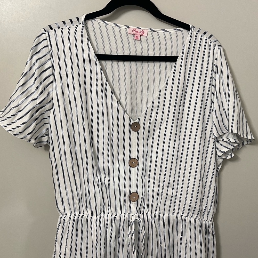 Pink Lily Navy Stripe Button White Mini Dress